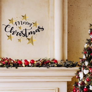 Merry Christmas wall decal with golden stars for cozy festive living room decoration