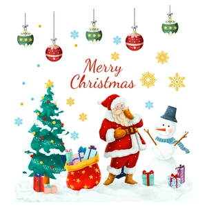 Watercolor Christmas wall stickers featuring Santa, snowmen and decorated pine trees