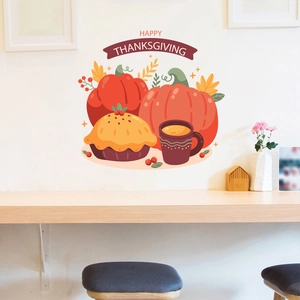 Detailed Thanksgiving wall stickers featuring pumpkin, coffee, and Happy Thanksgiving text