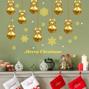 Goldene Weihnachts Wandaufkleber Metallische Weihnachtskugeln Schneeflocken Fensteraufkleber Merry Christmas Schriftzug Für Festliche Haus Dekoration