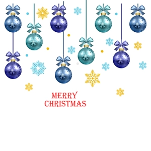 Blue gradient Christmas ball stickers with snowflake patterns and silk bows for wall decoration