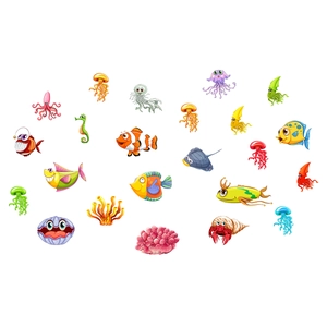 Luminous marine life wall decals featuring cartoon clownfish and coral for home decor