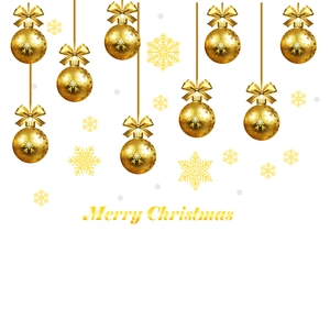 Detail von goldenen Weihnachtskugeln mit Schneeflockenmuster und Seidenschleifen
