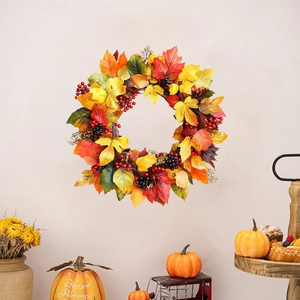 Autumn Thanksgiving Maple Leaf Wreath Wall Sticker PVC Waterproof Festive Berry Garland Decal For Living Room Home Decor