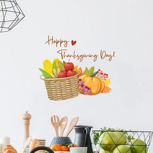 Thanksgiving wall decal featuring pumpkins, corn baskets and Happy Thanksgiving lettering