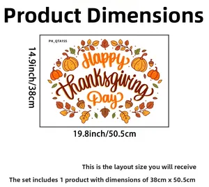 Detailed Thanksgiving wall sticker size chart showing Happy Thanksgiving text and pumpkins