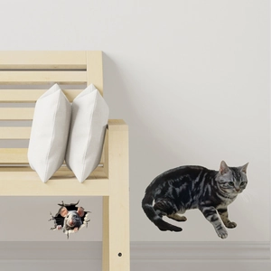 Creative wall sticker set featuring a realistic cat and mouse on a clean white wall