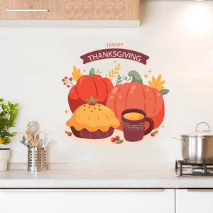 Happy Thanksgiving wall decals featuring pumpkins, pie and autumn leaves for kitchen decor