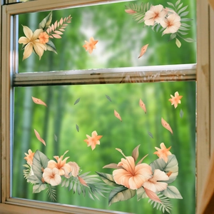 Floral wall stickers featuring orange hibiscus flowers and green leaves for home decoration