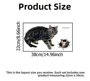 Detailed size chart for cat and mouse wall sticker featuring dimensions in cm and inches
