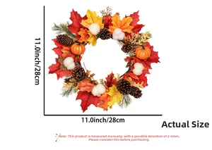 Détail d'une couronne d'automne de 28 cm avec dimensions, érable et pommes de pin