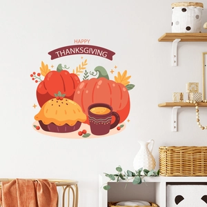 Festive Thanksgiving wall decal featuring pumpkins, pie and a warm drink on white wall