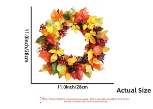 Close-up of 11-inch fall maple leaf wreath with sizing dimensions for home wall decor
