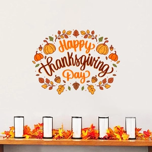 Happy Thanksgiving wall stickers with orange pumpkins and maple leaves on a white background