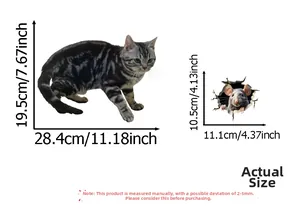 Detailed wall sticker dimensions showing 3D realistic cat and mouse decals with measurements