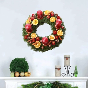 Traditional Christmas orange wreath wall sticker with pine cones and red candles decoration