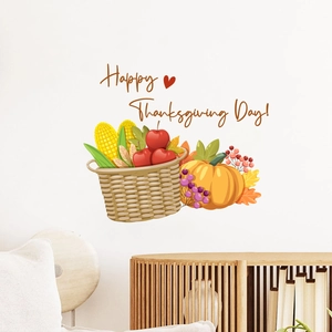 Happy Thanksgiving wall decal with pumpkin, fruit basket, and autumn maple leaf decorations