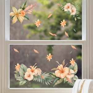 Tropical hibiscus flowers and green leaves static window clings for home decoration