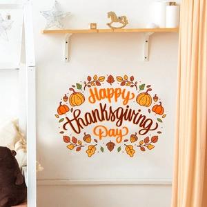 Happy Thanksgiving wall stickers with colorful autumn maple leaves and pumpkins for home decor