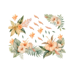 Tropical hibiscus and palm leaf watercolor wall stickers for home decoration
