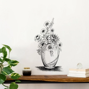 Detailed sketch style black flower vase wall sticker on a bright modern home wall