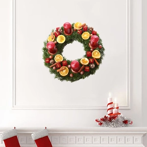 Detail of Christmas wreath sticker with candles, orange slices and berries on white wall