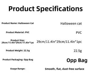 Detailed size chart for 29x29cm Halloween cat PVC wall stickers with packaging info