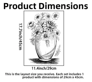 Detail view of monochrome floral wall sticker dimensions measuring 29cm width by 45cm height