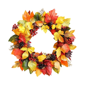 Autumn maple leaf wreath with red berries and colorful foliage for festive home decoration