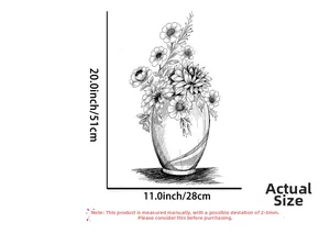 Detailed size chart for black and white flower vase wall decal showing 51cm height and 28cm width