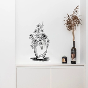 Minimalist black hand-drawn floral wall stickers with vase for modern home room decor