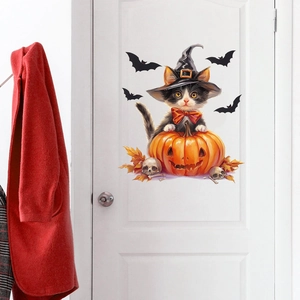 Cute Halloween wizard cat in pumpkin wall sticker for bedroom decor with bats and leaves
