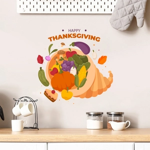 Happy Thanksgiving wall decal featuring a cornucopia of autumn vegetables on a kitchen wall