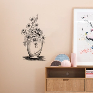 Modern black line art flower vase wall sticker for bedroom and living room decor