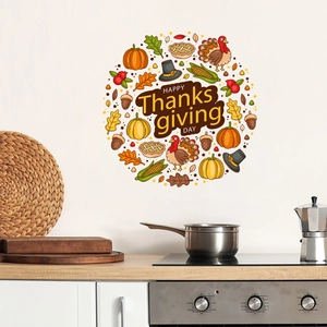 Kitchen wall scene featuring Happy Thanksgiving Day stickers with turkey and pumpkin