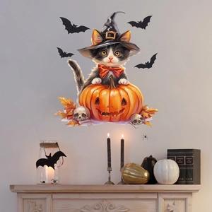 Cute Halloween wizard cat with pumpkin wall decal for cozy bedroom and living room decor
