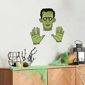 Detailed view of Frankenstein wall stickers set with pumpkin and spooky room decorations