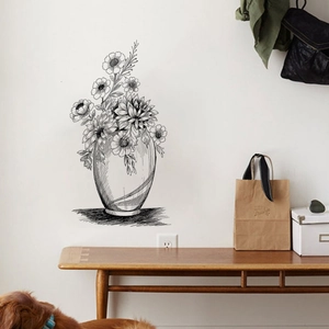 Modern black and white floral vase wall sticker for minimalist living room decor