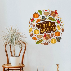 Happy Thanksgiving Day wall decals featuring turkey and pumpkin for home festive decor