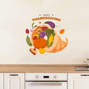 Thanksgiving wall decal featuring a cornucopia and Happy Thanksgiving text for home decor