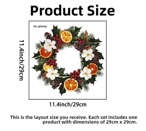 Detailed size chart for Christmas wreath wall sticker with pine cones and orange slices