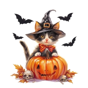 Cute Halloween magic cat with pumpkin wall decal for bedroom and living room decor