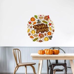 Happy Thanksgiving wall decals featuring pumpkins, turkeys, and autumn maple leaf elements
