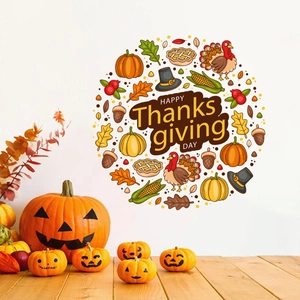 Happy Thanksgiving Day wall stickers with turkey and pumpkin motifs on white wall