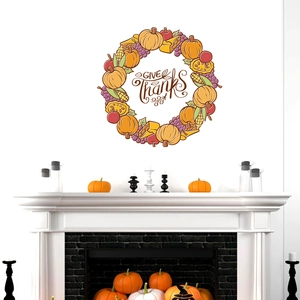 Thanksgiving Vegetable Fruit Wreath Wall Sticker Give Thanks Harvest Autumn PVC Removable Decal For Living Room Home Decoration