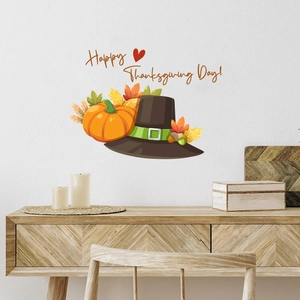 Thanksgiving Wandtattoo mit Kürbis, Pilgerhut und Happy Thanksgiving Schriftzug Deko