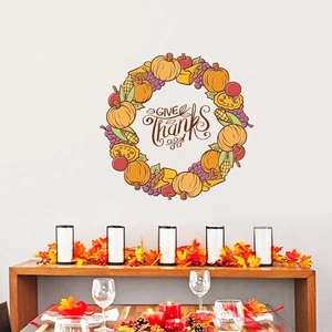 Give Thanks Thanksgiving wreath wall sticker with autumn pumpkins and maple leaves decoration