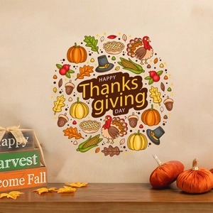 Happy Thanksgiving Day Wall Sticker Cartoon Turkey Pumpkin Maple Leaf PVC Removable Decal For Home Party Wall Decoration