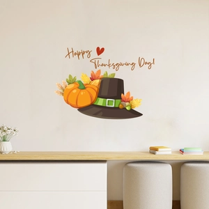 Thanksgiving Wandtattoo mit Kürbis, Pilgerhut und Happy Thanksgiving Kalligraphie