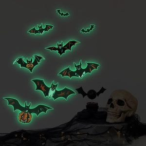 Macro shot of glow-in-the-dark Halloween bat wall stickers with luminous green neon effect